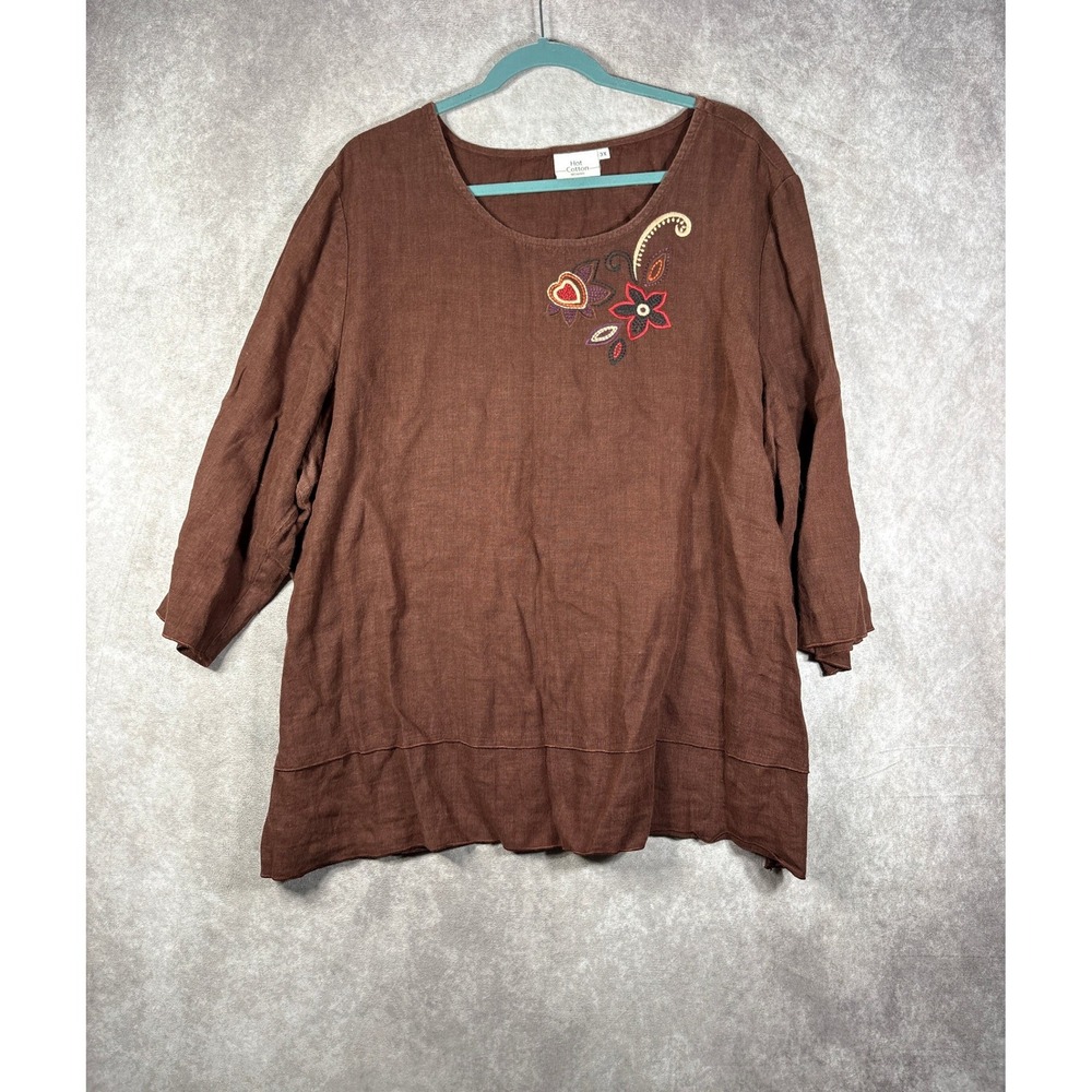 Hot Cotton Top Womens 3X Brown Linen Floral Embroidered 3/4 Sleeve Boho Tunic